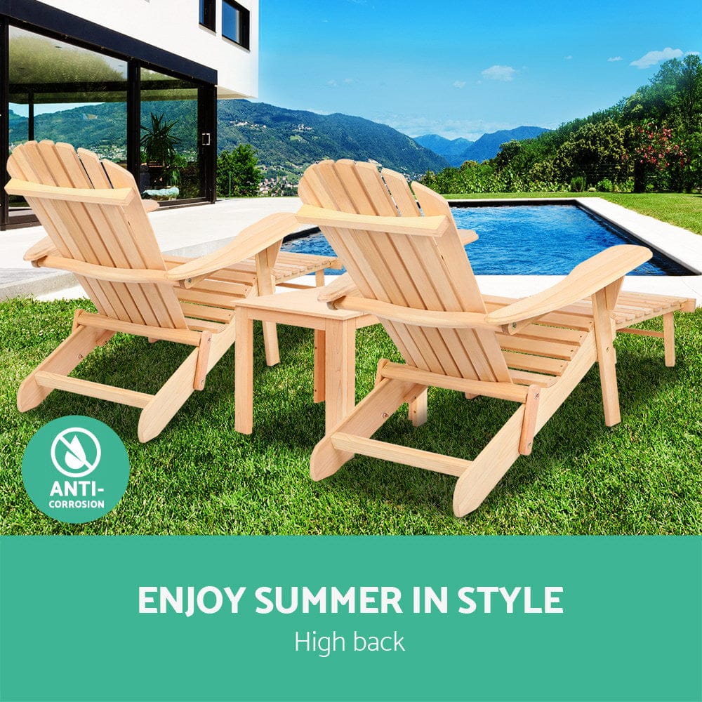 Gardeon 3PC Adirondack Outdoor Table and Chairs? Wooden Sun Lounge Beach Patio Natural