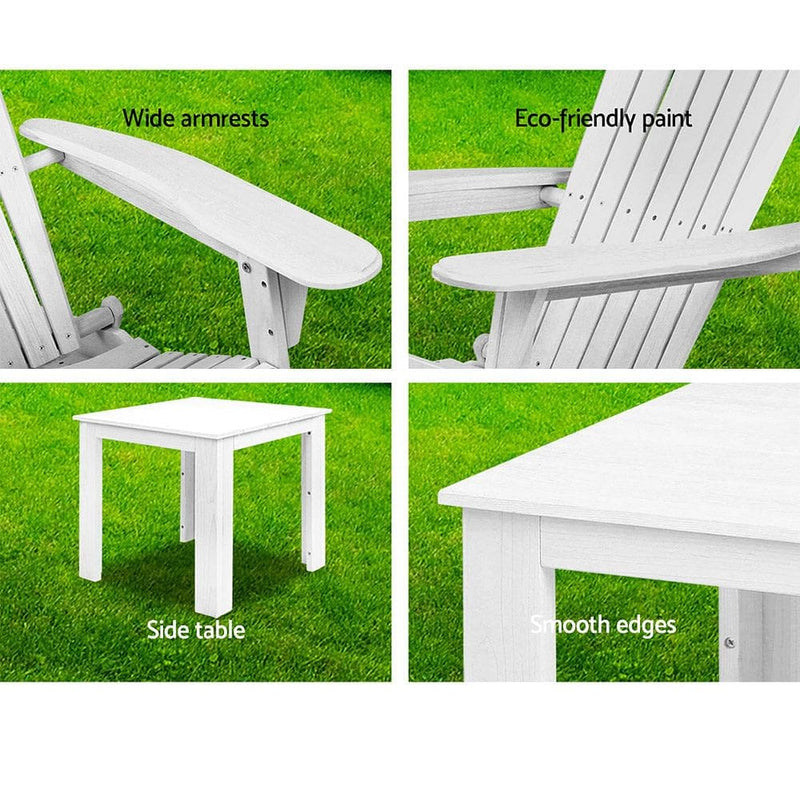 Gardeon 3PC Adirondack Outdoor Table and Chairs Wooden Sun Lounge Beach Patio White