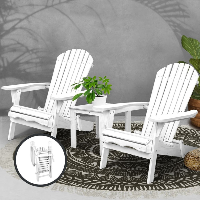 Gardeon 3PC Adirondack Outdoor Table and Chairs Wooden Foldable Beach Chair White