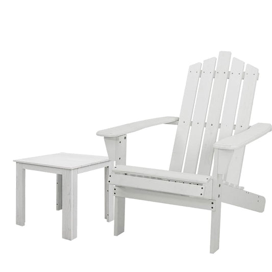 Gardeon 2PC Adirondack Outdoor Table and Chair Wooden Beach Chair Patio Furniture White