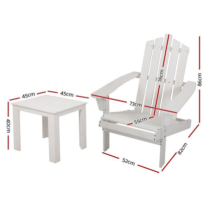 Gardeon 2PC Adirondack Outdoor Table and Chair Wooden Beach Chair Patio Furniture White