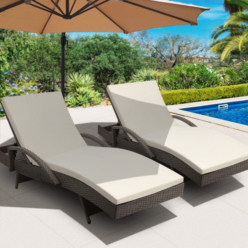 Gardeon 2PC Sun Lounge Wicker Lounger Outdoor Furniture Beach Chair Adjustable Cushion Grey&Beige