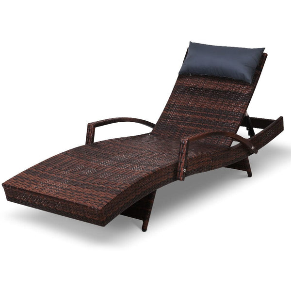 Gardeon Sun Lounge Wicker Lounger Outdoor Furniture Beach Chair Armrest Adjustable Brown