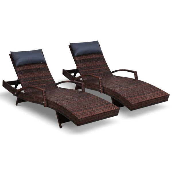 Gardeon 2x Sun Lounge Wicker Lounger Outdoor Furniture Beach Chair Armrest Adjustable Brown