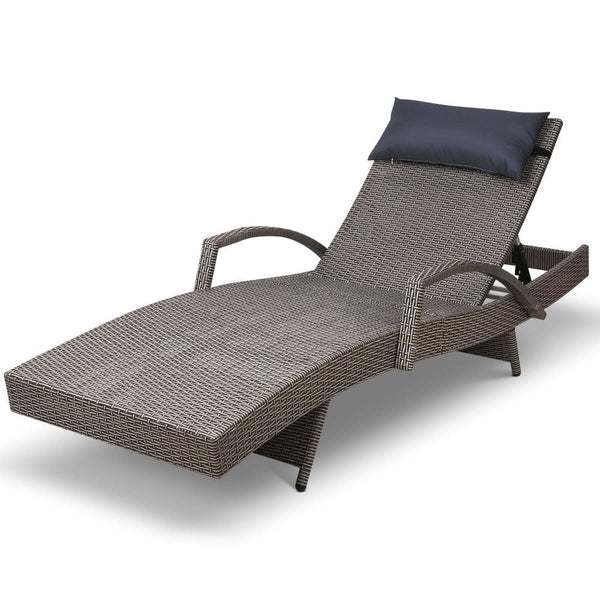 Gardeon Sun Lounge Wicker Lounger Outdoor Furniture Beach Armchair Adjustable Grey&Beige