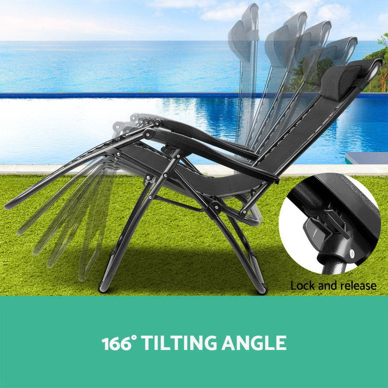 Gardeon 2PC Zero Gravity Chair Folding Outdoor Recliner Adjustable Sun Lounge Camping Black