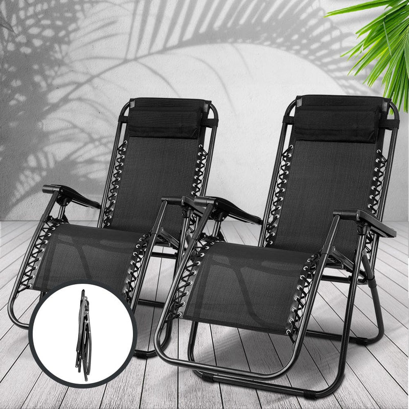 Gardeon 2PC Zero Gravity Chair Folding Outdoor Recliner Adjustable Sun Lounge Camping Black