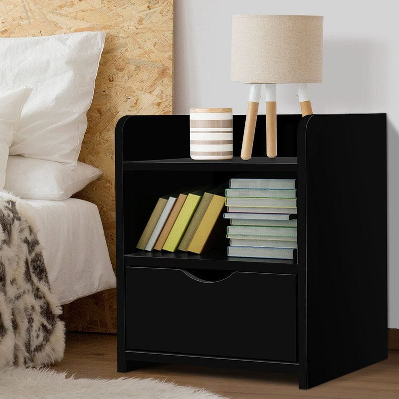 Artiss Bedside Table 1 Drawer with Shelf - FARA Black