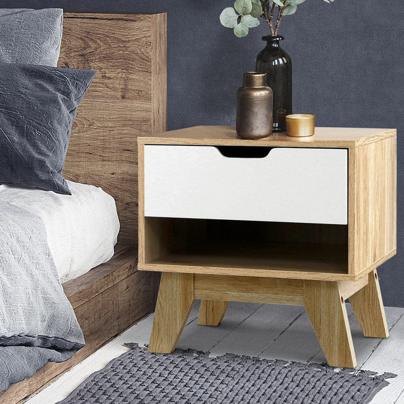 Artiss Bedside Table 1 Drawer with Shelf - IKER White & Oak