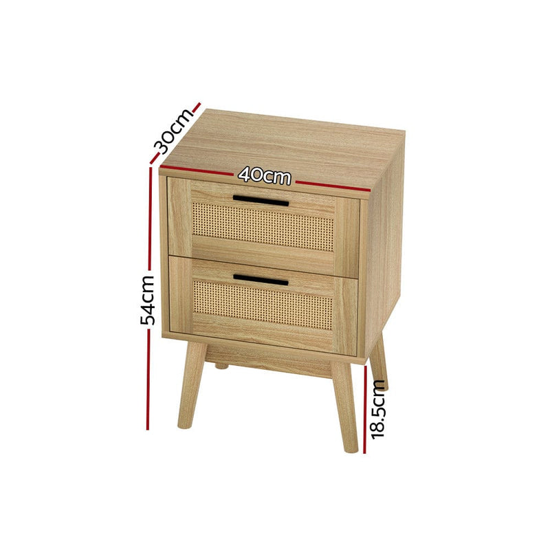 Artiss Rattan Bedside Table 2 Drawers Wood - RIE Oak