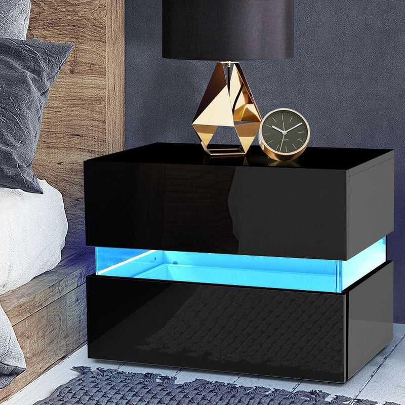 Artiss Bedside Table LED 2 Drawers - LUMI Black