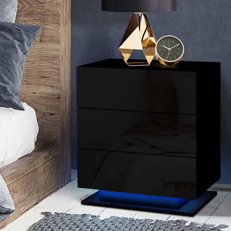 Artiss Bedside Table LED 3 Drawers - MORI Black