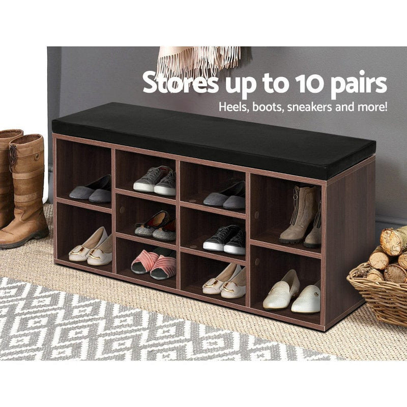 Artiss Shoe Rack Cabinet Bench 10 Cubes - Walnut