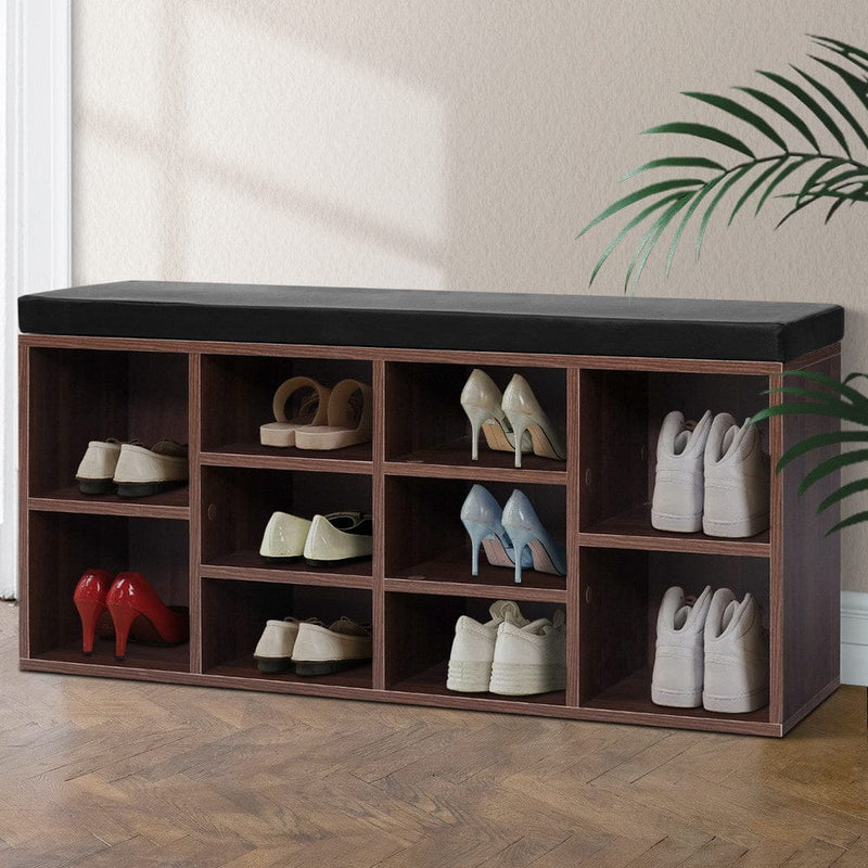 Artiss Shoe Rack Cabinet Bench 10 Cubes - Walnut