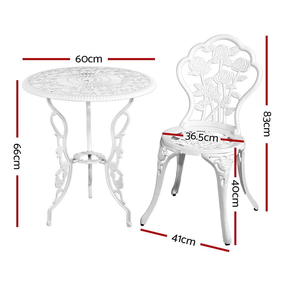 Gardeon 3PC Outdoor Setting Bistro Set Chairs Table Cast Aluminum Patio Furniture Rose White