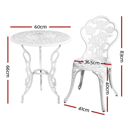 Gardeon 3PC Outdoor Setting Bistro Set Chairs Table Cast Aluminum Patio Furniture Rose White