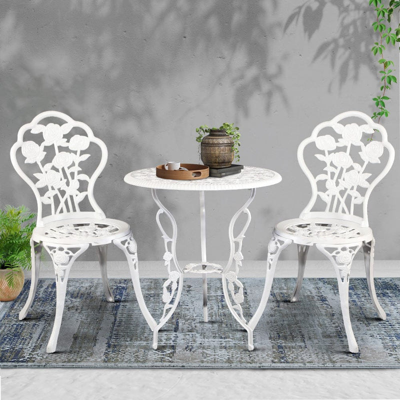 Gardeon 3PC Outdoor Setting Bistro Set Chairs Table Cast Aluminum Patio Furniture Rose White