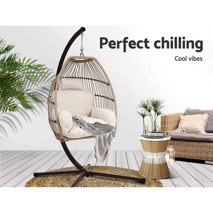 Gardeon Outdoor Egg Swing Chair Hanging Chair Wicker Rope Pod Stand Cushion Latte