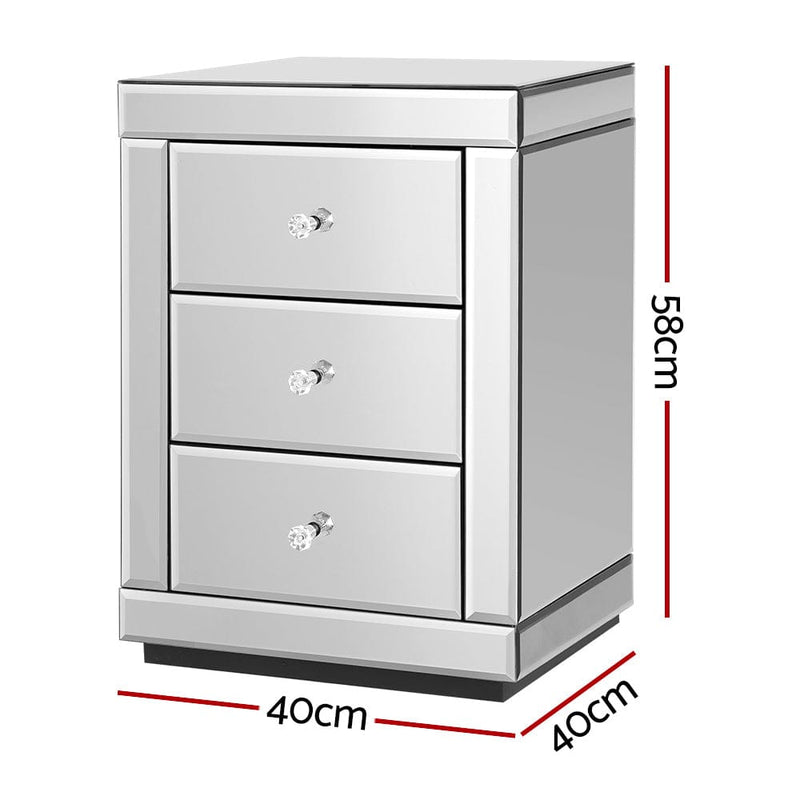 Artiss Set of 2 Bedside Table 3 Drawers Mirrored Glass - PRESIA Silver