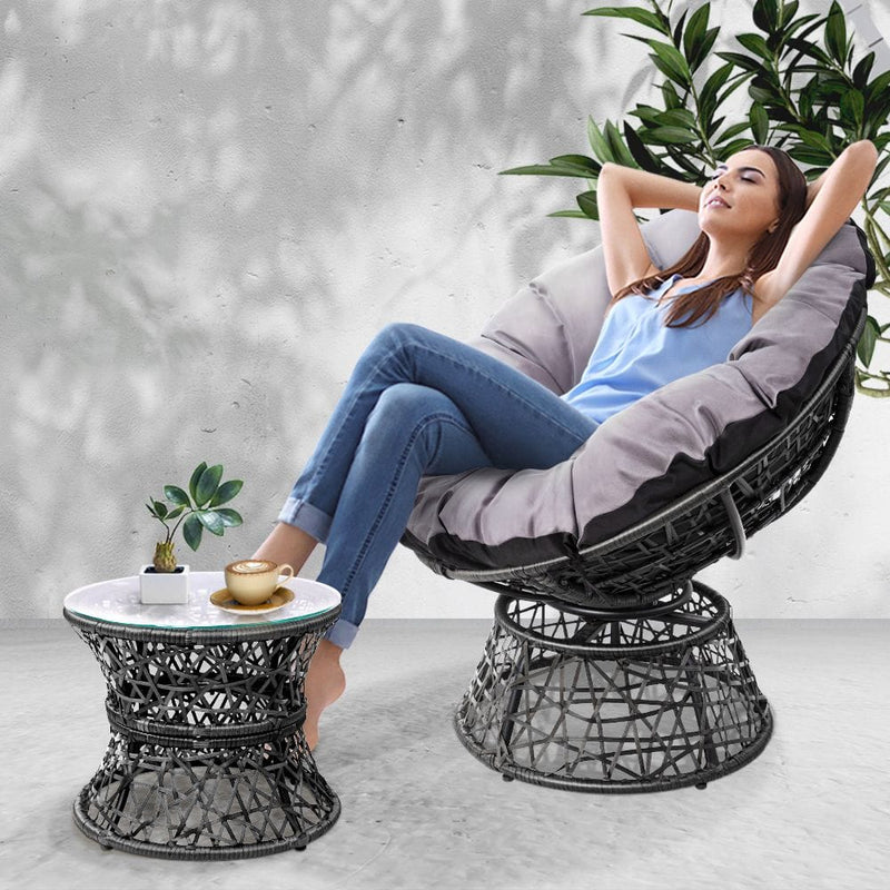 Gardeon Outdoor Lounge Setting Papasan Chair Wicker Table Garden Furniture Black