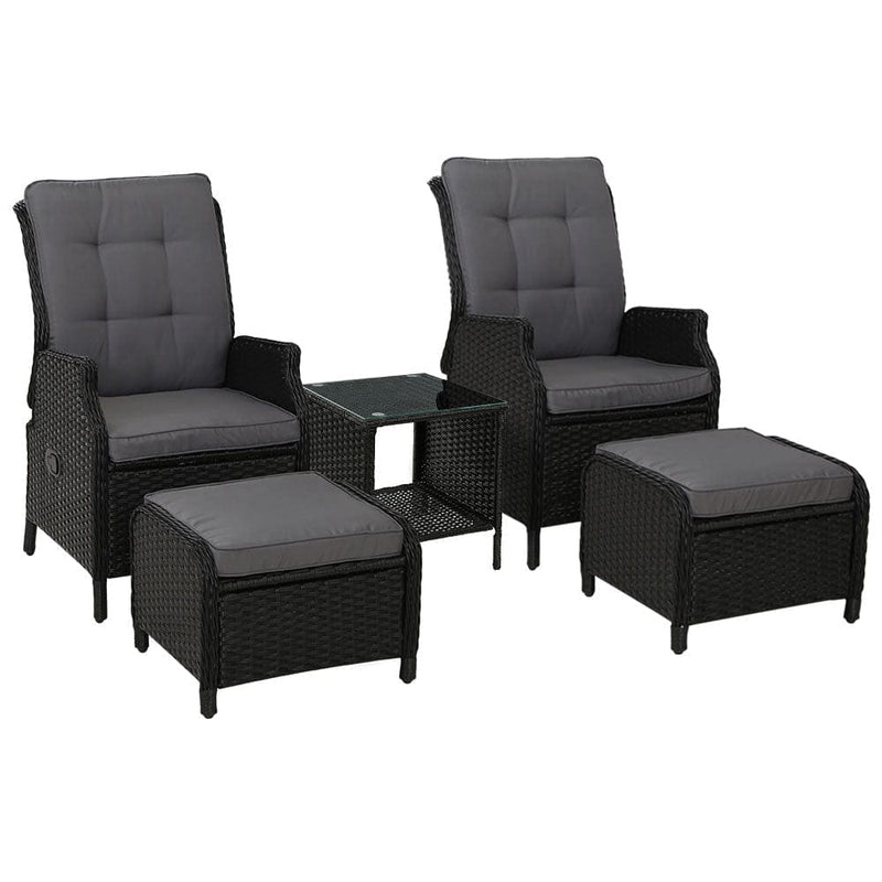 Gardeon 5PC Recliner Chairs Table Sun lounge Wicker Outdoor Furniture Adjustable Black