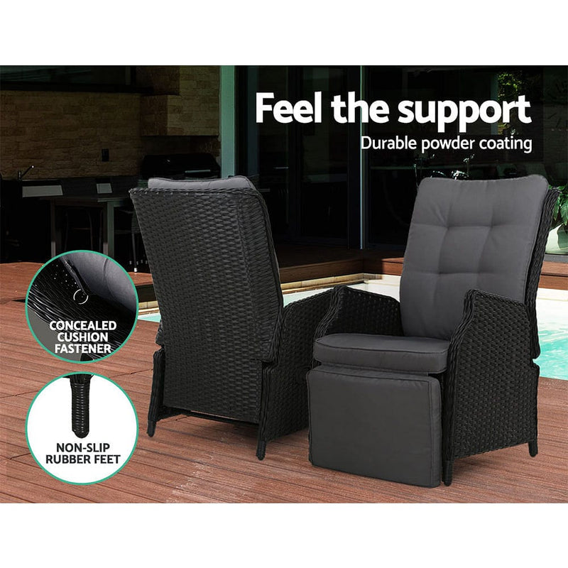 Gardeon 3PC Recliner Chairs Table Sun lounge Outdoor Furniture Wicker Adjustable Black