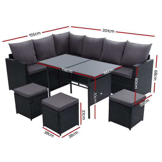 Gardeon Outdoor Furniture Dining Setting Sofa Set Lounge Wicker 9 Seater Black