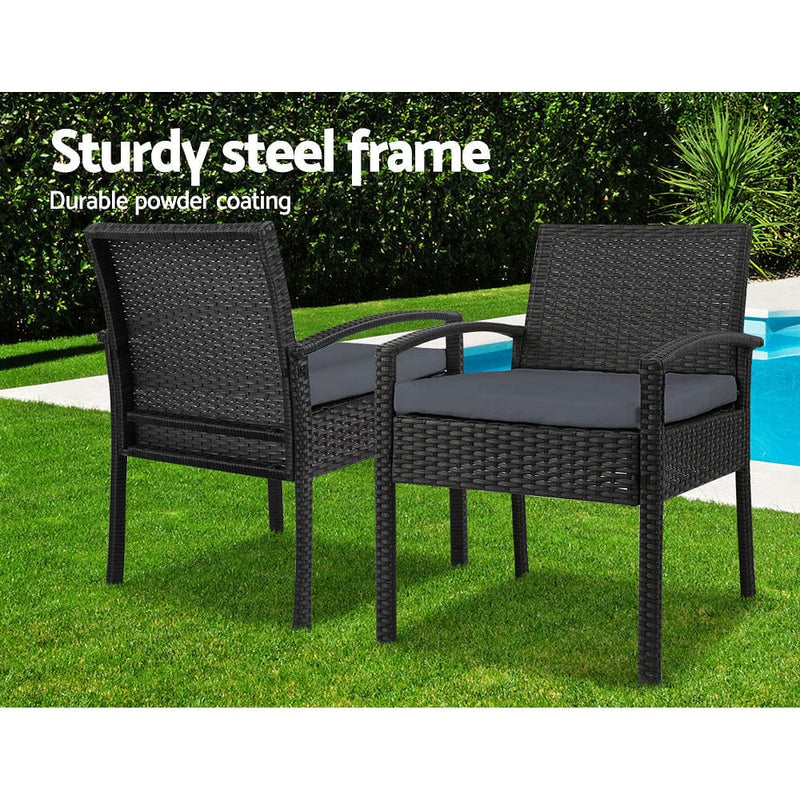 Gardeon 3PC Patio Furniture Bistro Set Wicker Outdoor Lounge Setting Black