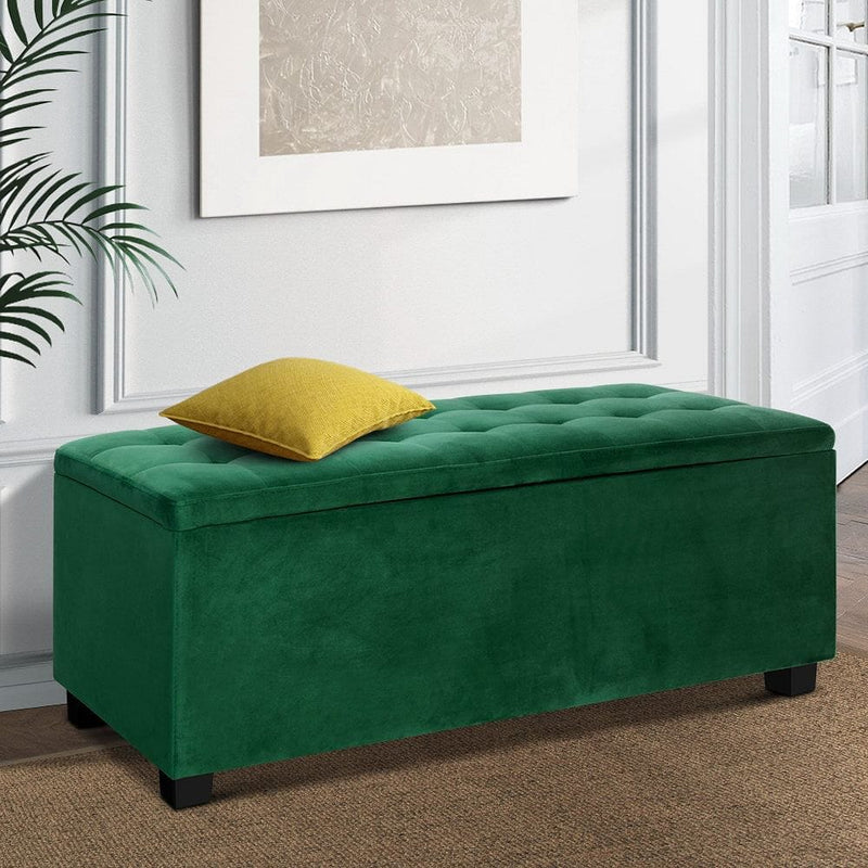 Artiss Storage Ottoman Blanket Box 98cm Velvet Green