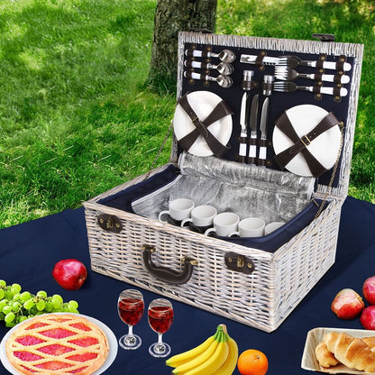 Alfresco 6 Person Picnic Basket Set Cooler Bag Insulated Blanket Plates Navy