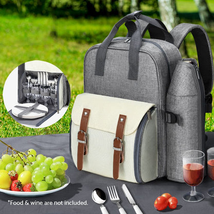 Alfresco 4 Person Picnic Basket Set Backpack Bag Insulated Grey