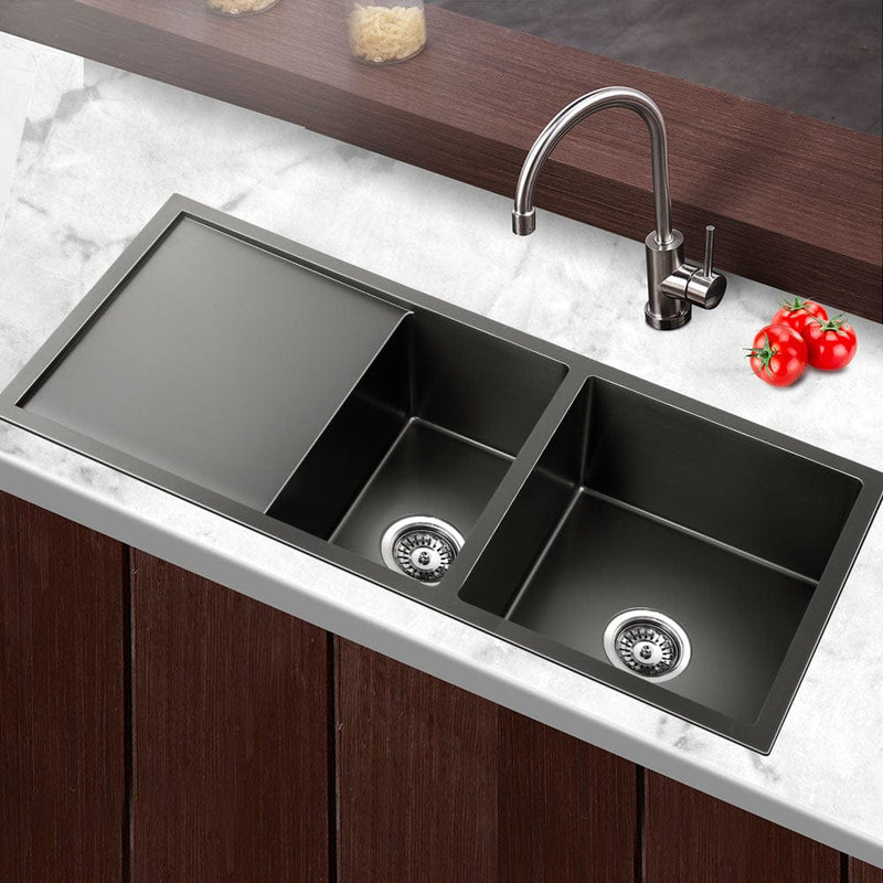 Cefito Kitchen Sink 100X45CM Stainless Steel Basin Double Bowl Laundry Black