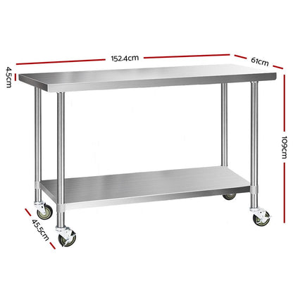 Cefito 1524x610mm Stainless Steel Kitchen Bench with Wheels 304