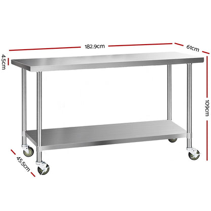 Cefito 1829x610mm Stainless Steel Kitchen Bench with Wheels 304