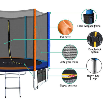 Everfit 8FT Trampoline for Kids w/ Ladder Enclosure Safety Net Pad Gift Round