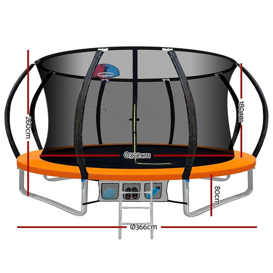 Everfit 12FT Trampoline for Kids w/ Ladder Trampoline Enclosure Safety Net Rebounder Orange