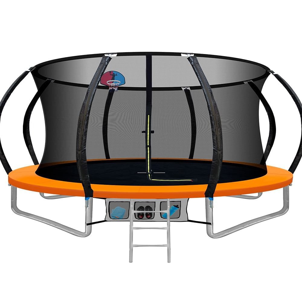 14ft Trampoline Everfit Kids Trampoline Rebounder w/ Ladder Basketball Hoop Orange