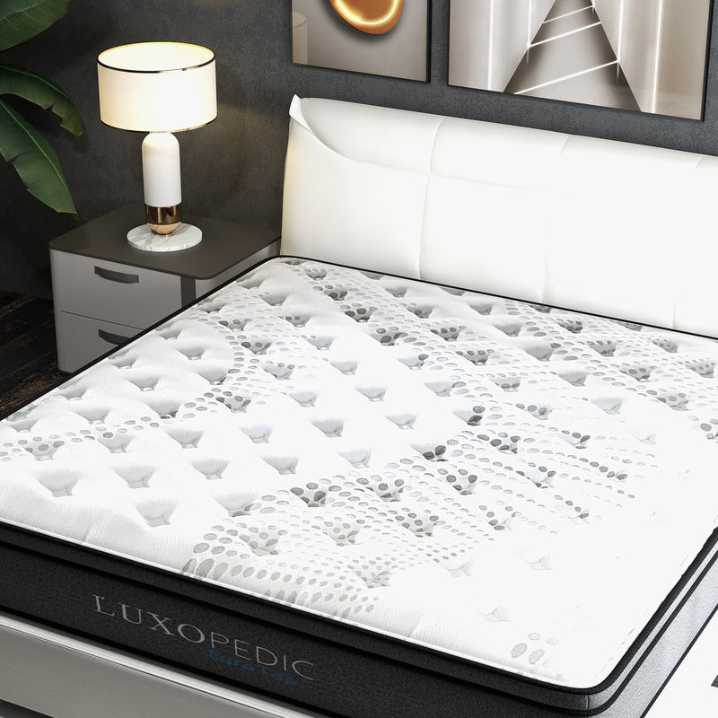 Luxopedic Pocket Spring Mattress 5 Zone 32CM Euro Top Memory Foam Medium Firm - Queen - White  Grey