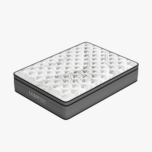 Luxopedic Pocket Spring Mattress 5 Zone 32CM Euro Top Memory Foam Medium Firm - Queen - White  Grey