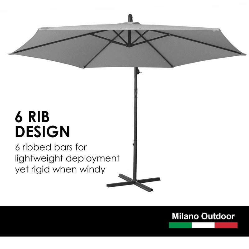 Milano Outdoor 3 Metre Cantilever Umbrella UV Sunshade Garden Patio Deck - Grey