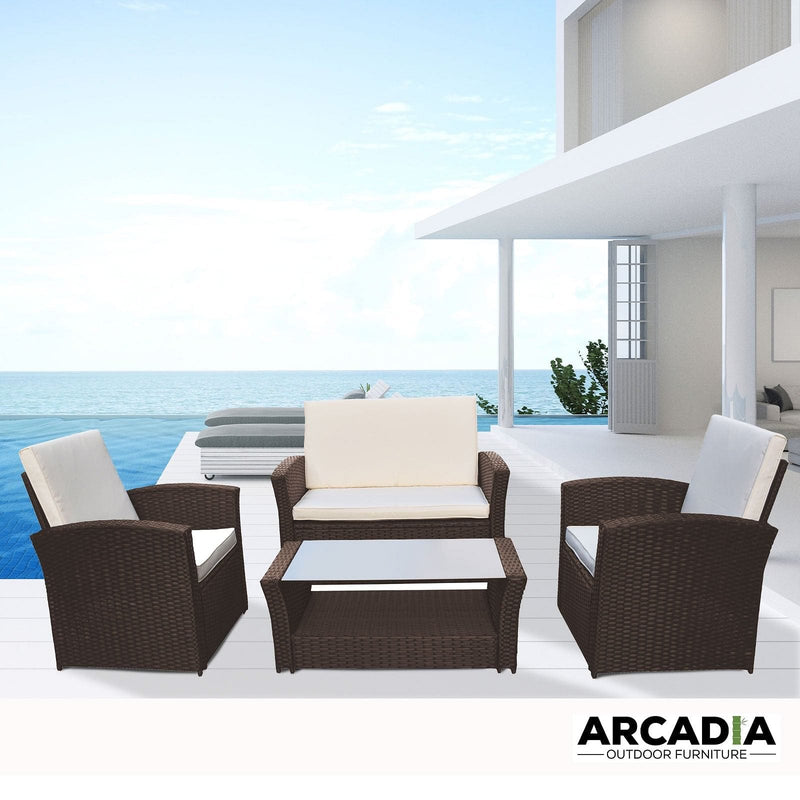 Arcadia Furniture Outdoor 4 Piece Sofa Lounge Set Wicker Rattan Garden - Oatmeal and Grey