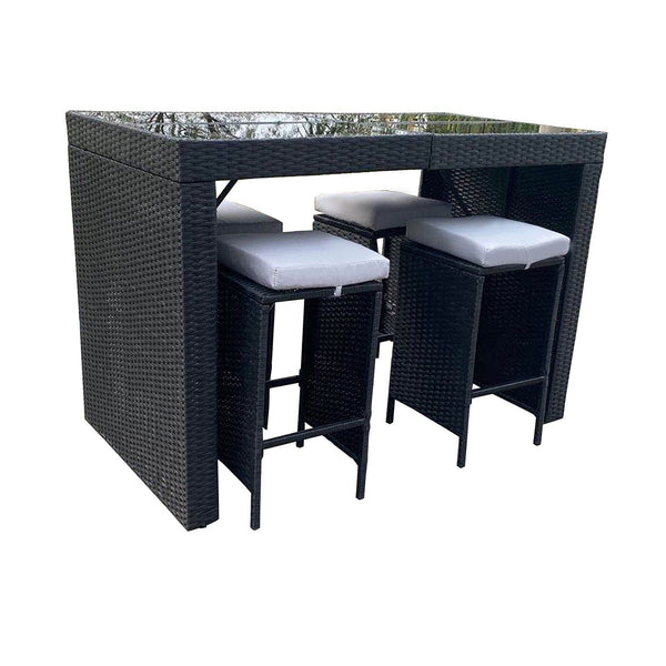 Arcadia Furniture Outdoor 5 Piece Bar Table Set Rattan and Cushions Patio Dining - Black and Grey