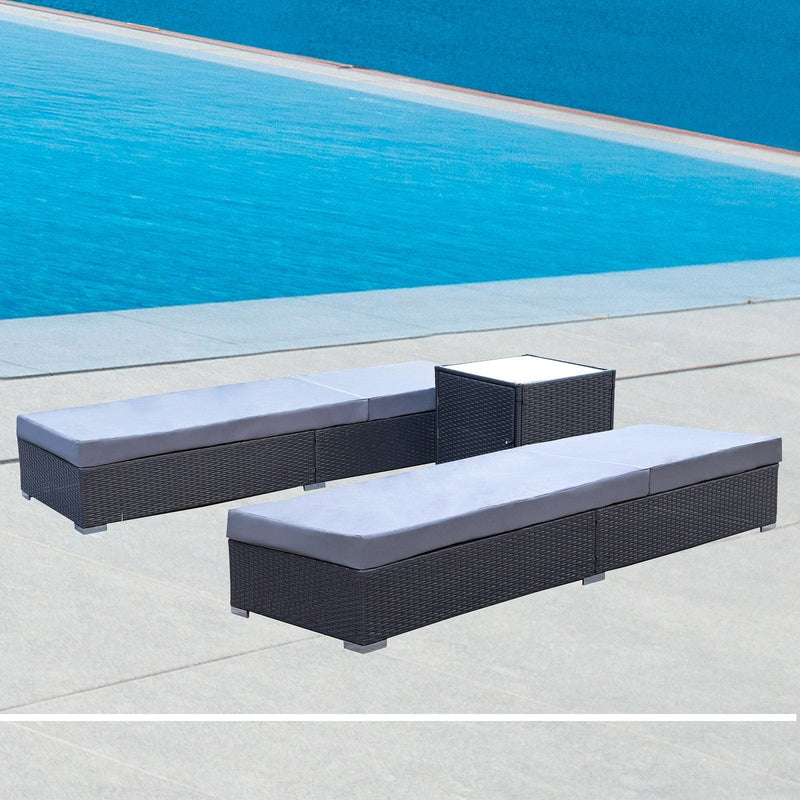 Arcadia Furniture Outdoor 3 Piece Sunlounge Set Rattan Garden Day Bed Lounger - Black and Grey