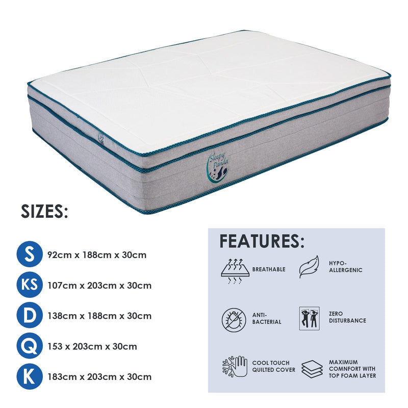 Sleepy Panda Mattress 5 Zone Pocket Spring EuroTop Medium Firm 30cm Thickness - King Single - White  Grey  Blue