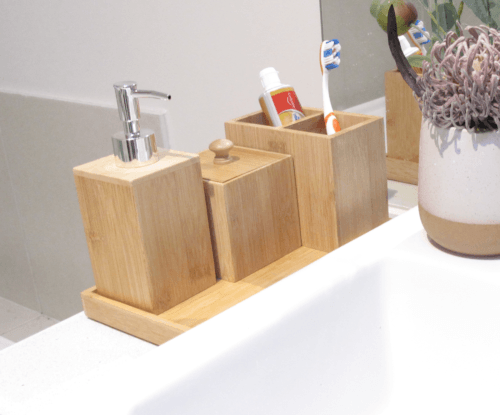 Bamboo Bathroom Accessories Set | Soap Dispenser, Toothbrush Holder, Storage Box & Tray