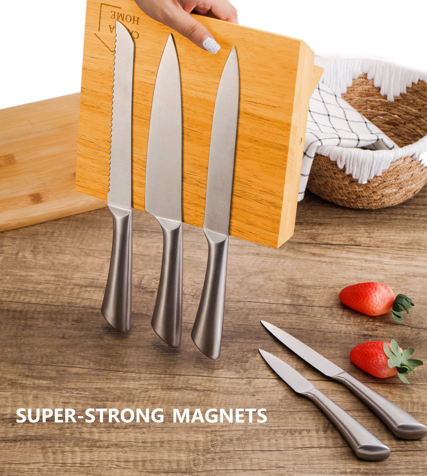 Natural Bamboo Magnetic Knife Block Holder with Strong Magnets for Home Kitchen Storage & Organisation