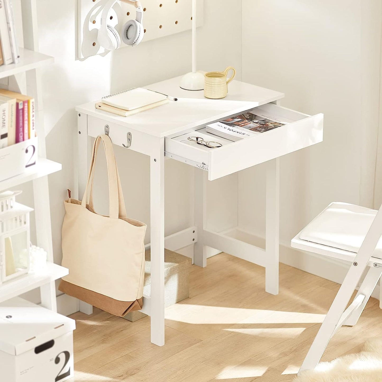 Small White Desk with Drawer Hooks