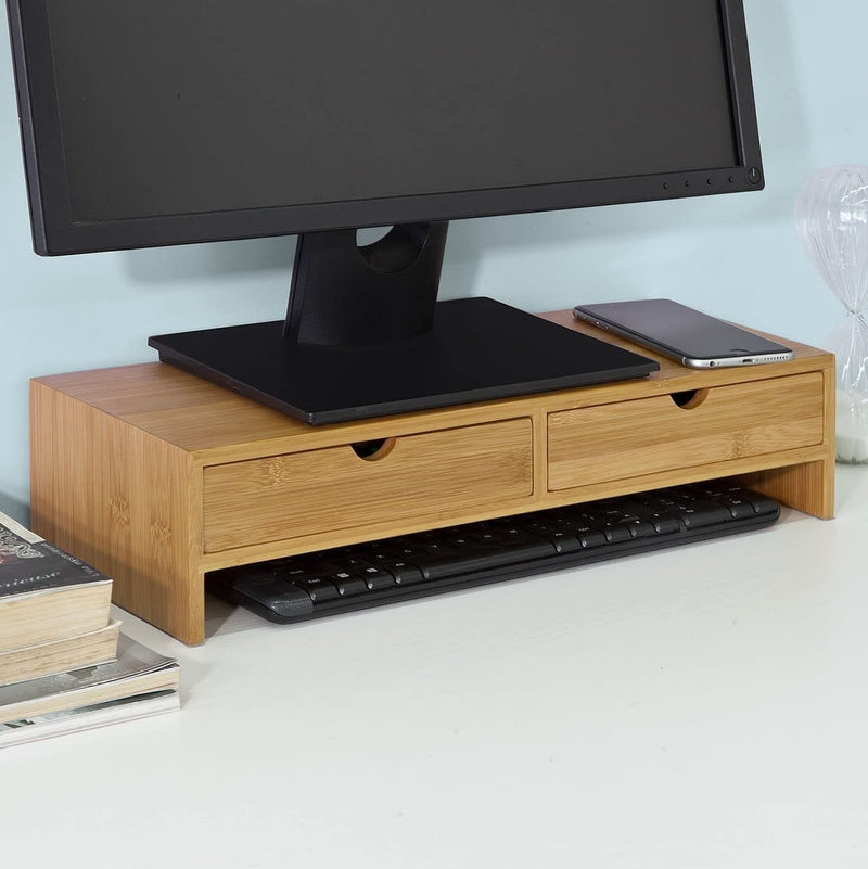 Bamboo Monitor Stand Desk Organizer with 2 Drawers