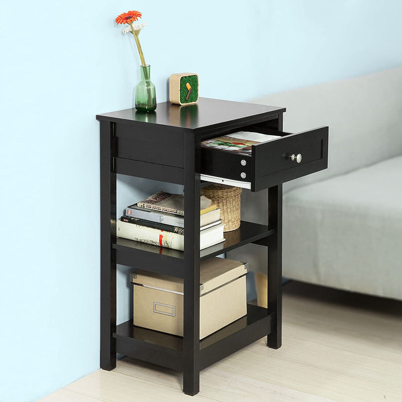 Black Bedside Table with 1 Drawer and 2 Shelves