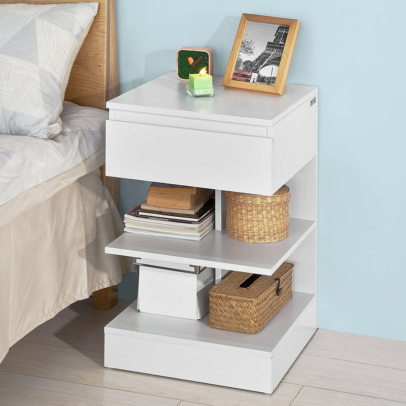 White Side Table Bedside Table with 1 Drawer and 3 Shelves